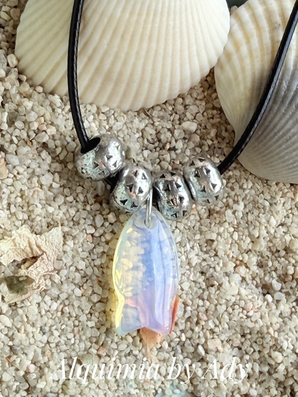Moonstone Opalescent Fish Pendant Necklace silver beaded black cord